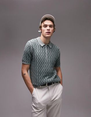 Topman knit polo with geo print in green-White