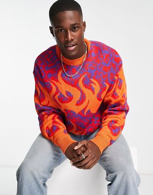 Topman knit sweater with all-over abstract fire print in multi