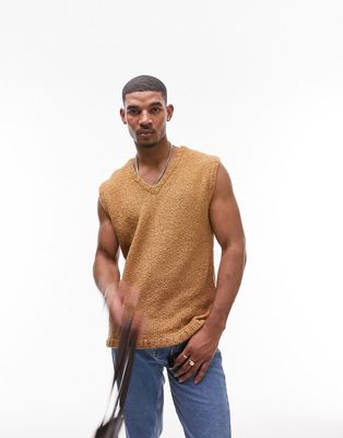 Topman knit tank with texture in tan-Brown