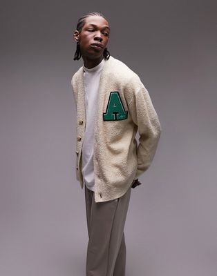 Topman knitted boucle cardigan with collegiate badge in ecru-White