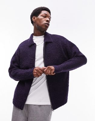 Topman knitted boucle zip through cardigan with Alpaca in navy