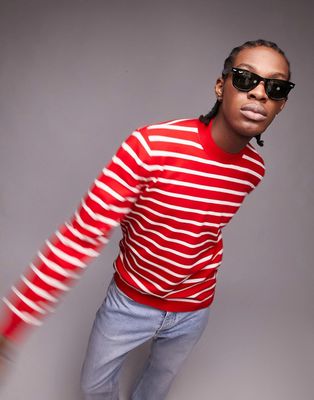 Topman knitted crew neck sweater with stripe in red