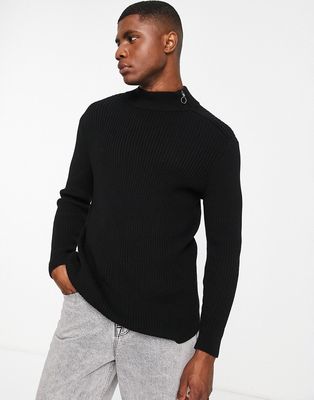 Topman knitted mock neck sweater with side zip in black