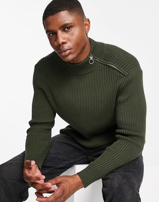Topman knitted mock neck sweater with side zip in khaki-Green