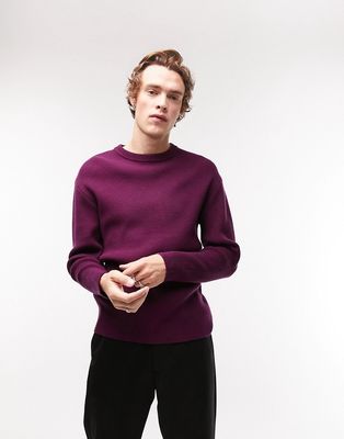 Topman knitted rib crew neck sweater in burgundy-Red
