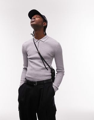 Topman knitted rib polo in gray heather