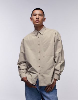 Topman Limited long sleeve oversized fit pointed collar shirt in beige-Brown