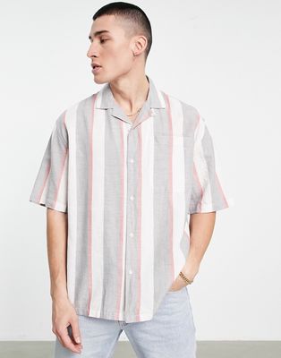 Topman linen oversized shirt in red and gray stripe-Multi