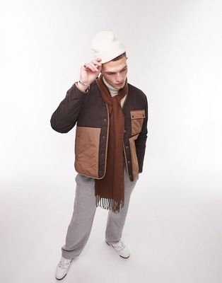 Topman liner jacket with mixed fabric in brown