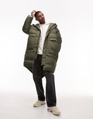 Topman long line puffer jacket with fishtail in olive-Green