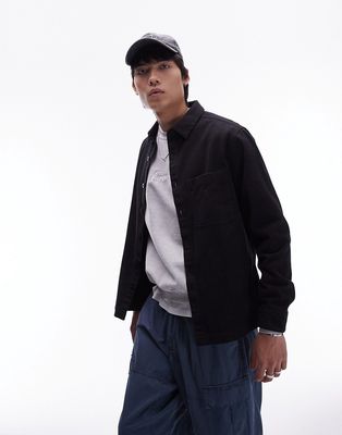 Topman long sleeve button up twill overshirt in black