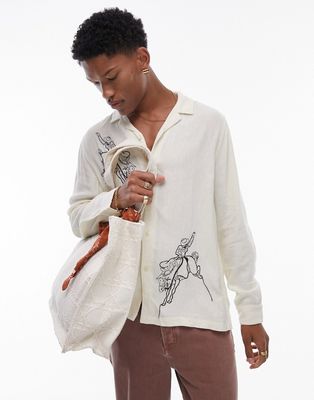 Topman long sleeve cowboy embroidered shirt in ecru-Neutral
