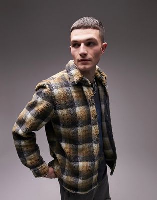 Topman long sleeve regular fit borg printed overshirt in khaki check-Multi