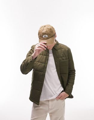 Topman long sleeve regular squared quilted overshirt in khaki-Green
