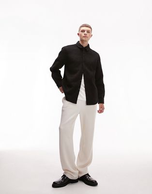 Topman long sleeve relaxed fit plain boiled wool overshirt in black