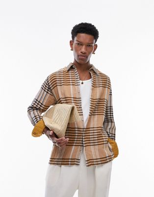 Topman long sleeve relaxed textured checked shirt in multi