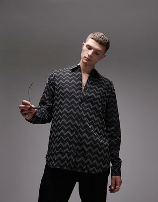 Topman long sleeve relaxed zig zag party shirt in navy