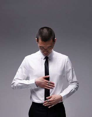 Topman long sleeve slim formal window check shirt in white