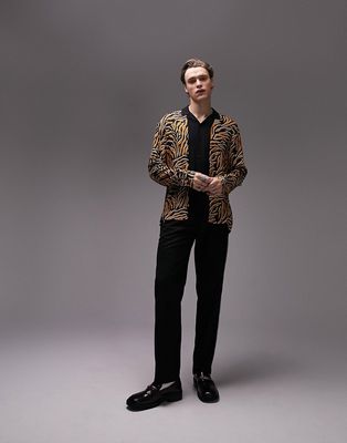 Topman long sleeve viscose revere shirt in animal print-Multi