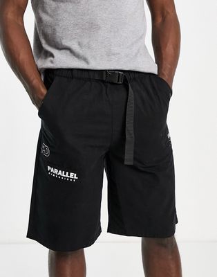 Topman longline belted shorts with branding in black