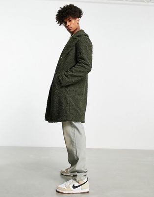 Topman longline borg overcoat in sage green