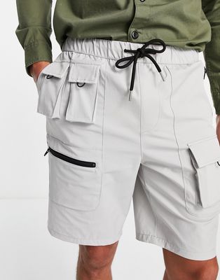 Topman longline multi pocket cargo shorts in gray-Grey