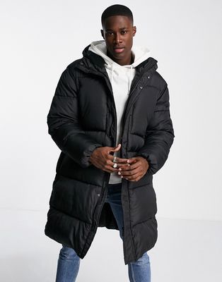 Topman longline oversized puffer jacket with hood in black