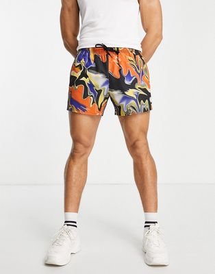 Topman marbled print swim shorts in multi