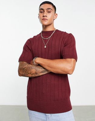 Topman mix stitch short sleeve high neck T-shirt in burgundy-Red