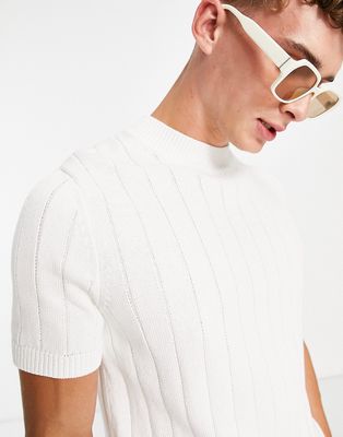 Topman mix stitch short sleeve turtle t-shirt in ecru-White
