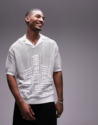 Topman mixed pattern crochet knit revere polo in white