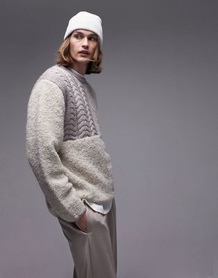 Topman mixed pattern sweater in ecru-Brown