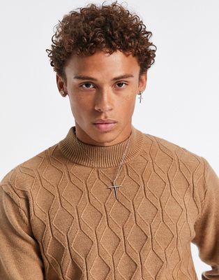 Topman mock neck knit sweater with knit design in brown