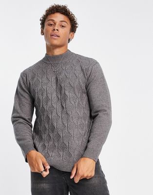 Topman mock neck knit sweater with knit design in gray