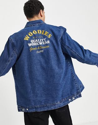 Topman overshirt with back embroidery in mid wash denim-Blue