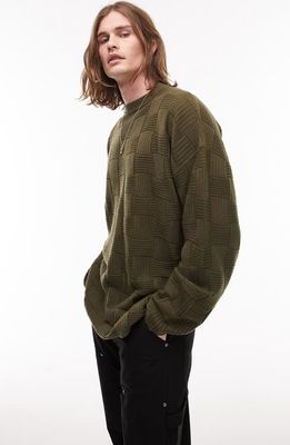 Topman Oversize Basketweave Knit Crewneck Sweater in Dark Green
