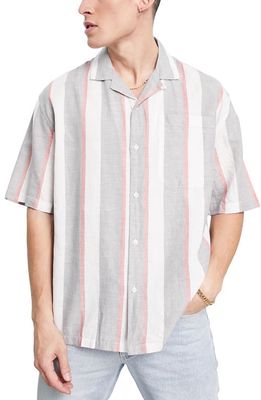 Topman Oversize Stripe Cotton & Linen Short Sleeve Button-Up Camp Shirt in Red