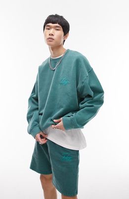 Topman Oversize Tokyo Embroidered Sweatshirt in Dark Green