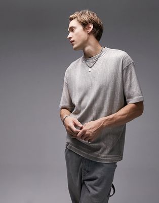 Topman oversized fit rib t-shirt with bleach wash in stone-Neutral
