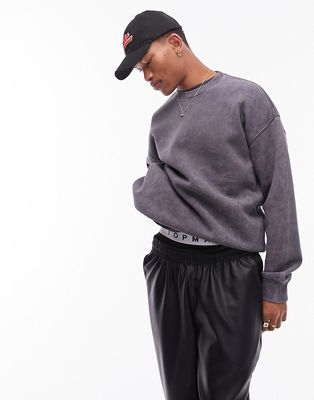 Topman oversized fit sweatshirt with acid wash in black-Gray
