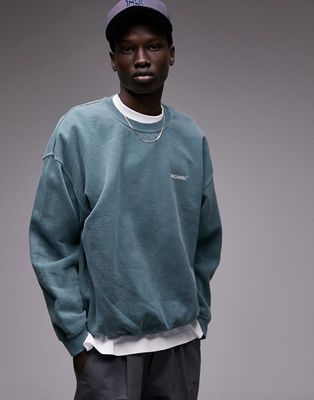 Topman oversized fit sweatshirt with archives front and back print in washed green