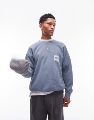 Topman oversized fit sweatshirt with archives of thought front and back print in washed blue