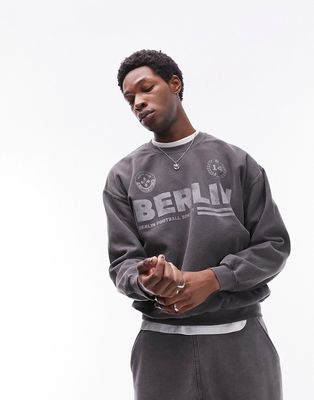 Topman oversized fit sweatshirt with berlin print in washed black-Gray