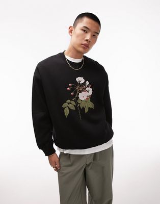 Topman oversized fit sweatshirt with floral embroidery in black