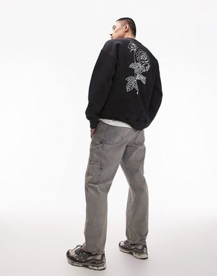Topman oversized fit sweatshirt with front and back floral placement embroidery in washed black