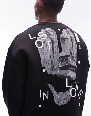 Topman oversized fit sweatshirt with front and back lost in love print in black