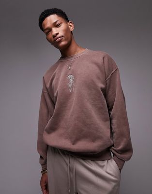 Topman oversized fit sweatshirt with hand rose embroidery in washed brown