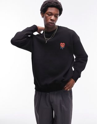Topman oversized fit sweatshirt with heart embroidery in black