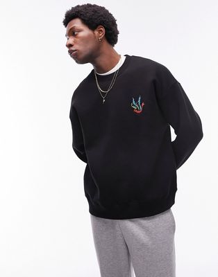 Topman oversized fit sweatshirt with swallow embroidery in black