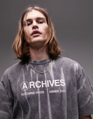 Topman oversized fit t-shirt with archives print in washed black